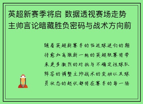 英超新赛季将启 数据透视赛场走势 主帅言论暗藏胜负密码与战术方向前瞻 英超新赛季将启 数据透视赛场走势 主帅言论暗藏胜负密码与战术方向前瞻