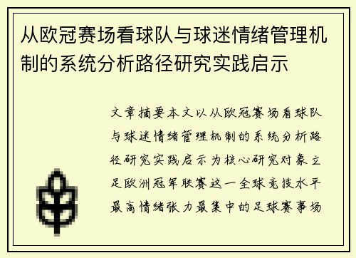 从欧冠赛场看球队与球迷情绪管理机制的系统分析路径研究实践启示
